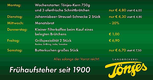 Tönjes Tages-Hits 15.Juni bis September 2026