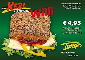 Kerl des Monats - Weltmeisterbrötchen mit Butter, Weichkäse, Paprikaspalten und Wild-Preiselbeeren.